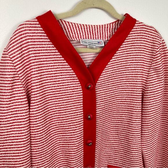 Vintage Womens L Red & White Striped Varsity Cardigan Preppy Nautical Coastal - Picture 3 of 11